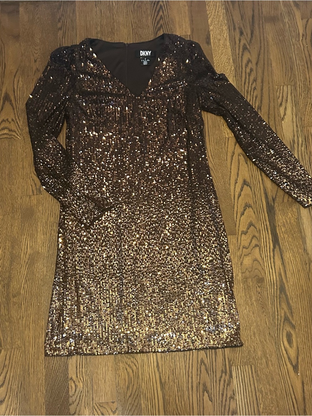 DKNY Bronze Gold Sequin V-Neck Long Sleeve mini Cocktail dress - Picture 3 of 9